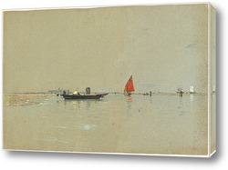  Лодка и отражение домов в воде канала в Венеции