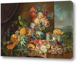   Картина Натюрморт с фруктами,цветами и попугаем