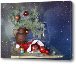   Постер Новогодний фото с ветками ели и новогодними игруками