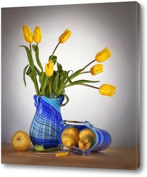   Постер Натюрморт с грушами и жёлтыми тюльпанами.