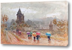   Постер Сион, Долина Роны, дождливый городской пейзаж с зонтиками