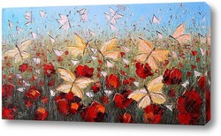  Постер Картина маслом. Маковое поле с бабочками.  Холст 30х60