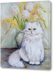   Постер Белый пушистый кот на фоне букета