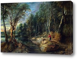   Постер Пастырь с паствой в древесном пейзаже