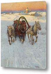   Постер Сани, запряженные лошадьми в снегу