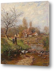   Картина Весенний пейзаж с двумя детьми и гусями