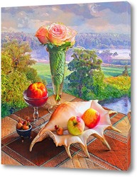   Постер Натюрморт с раковиной розами и персиком.