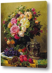   Постер Натюрморт с розами, виноградом и сливой