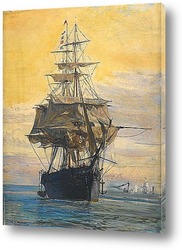   Картина ВИНДЖАММЕР железо на якоре и сушки ее паруса, с лодки за борт