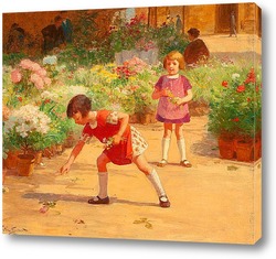   Постер Двое детей собирают цветы