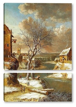 Модульная картина Зимний пейзаж с фигуристами на замерзшей реке