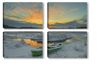 Модульная картина Закат солнца зимой у реки