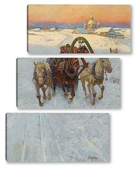 Модульная картина Сани, запряженные лошадьми в снегу