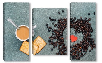 Модульная картина Завтрак для влюбленных . Сердце из кофе.