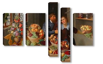 Модульная картина Большой Натюрморт с фруктами, овощами и цветами и пара