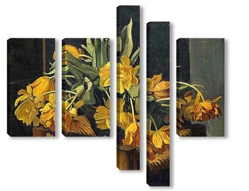 Модульная картина Желтые тюльпаны на соломенном стуле