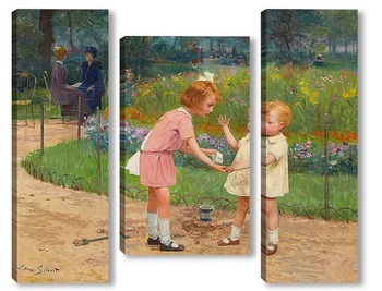  Двое детей собирают цветы