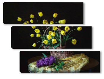 Модульная картина С желтыми тюльпанами и сиренью