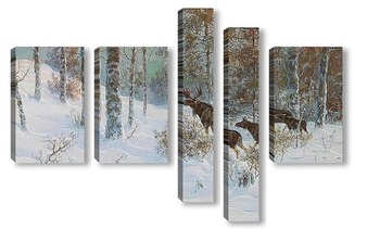 Модульная картина Зимний пейзаж с семьей лосей