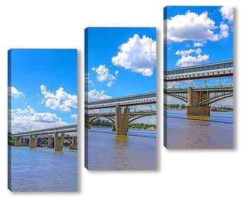 Модульная картина Коммунальный и метро мосты в городе Новосибирске, через реку Обь