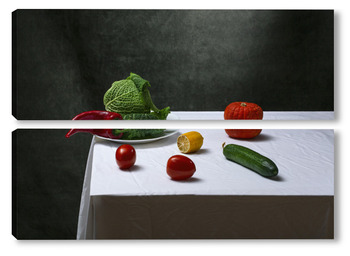 Модульная картина Натюрморт с савойской капустой, помидорами, огурцами, красным перцем, лимоном и тыквой