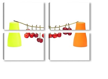 Модульная картина Натюрморт с ягодами черешни и двумя цветными стаканчиками 