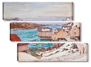 Модульная картина Рыбацкая деревня в зимний период.