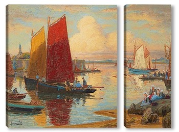 Модульная картина Конкарно, Финистер, лодки и рыбаки на работе