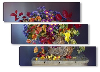 Модульная картина Букет из осенних листье и цветов в корзинке