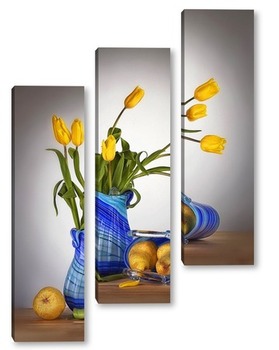 Модульная картина Натюрморт с грушами и жёлтыми тюльпанами.