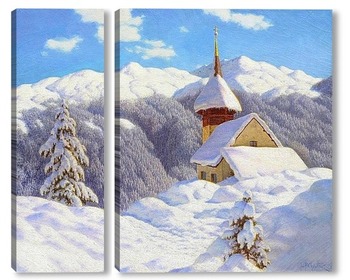 Модульная картина Зимний пейзаж с церковью
