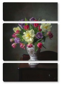 Модульная картина Натюрморт с букетом разноцветных тюльпанов