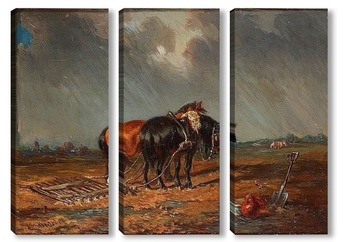 Модульная картина Лошади на поле.