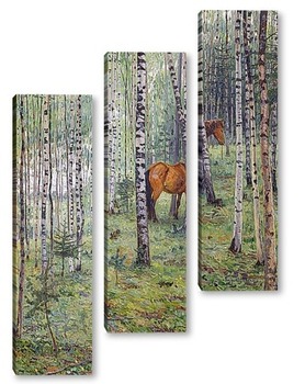 Модульная картина Конь в берёзовом лесу