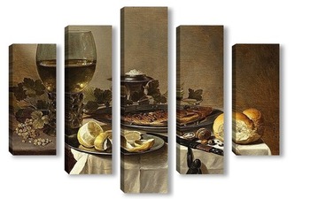 Модульная картина Натюрморт с Селедкой, Вином и Хлебом