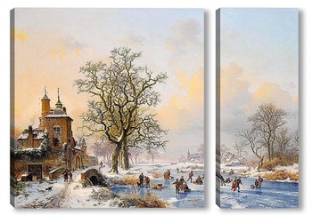 Модульная картина Зимний пейзаж с фигуристами в замке
