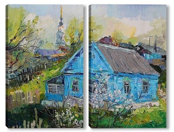 Модульная картина весенний пейзаж с голубым домиком