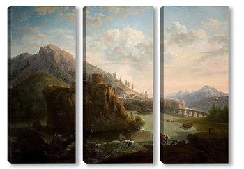 Модульная картина Горный пейзаж с замком и фигурами рядом с рекой