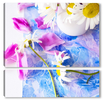 Модульная картина Цветы и голубая акварельная фантазия 1