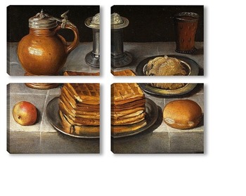 Модульная картина Натюрморт с оловянными тарелками, каменной кружкой и вафлями