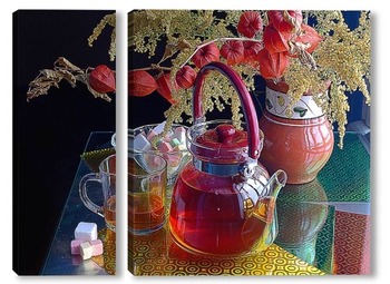 Модульная картина Натюрморт "Чайник и чашка с чаем"