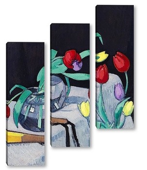 Модульная картина Натюрморт с тюльпанами на чёрном фоне 