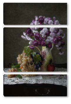 Модульная картина Натюрморт с букетом цветов и фруктами