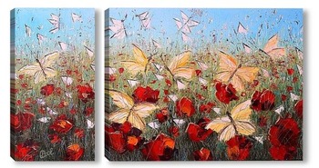 Модульная картина Картина маслом. Маковое поле с бабочками.  Холст 30х60