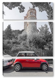 Модульная картина Красное авто на фоне башни