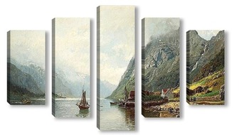 Модульная картина Пейзаж фьорда с парусными лодками