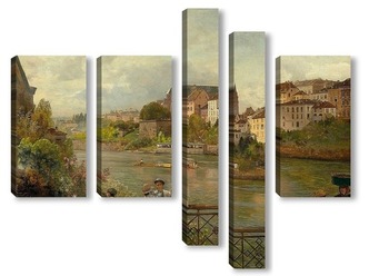 Модульная картина Вид с середины моста Рейн на Базельский собор. 1889