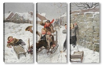 Модульная картина Зимняя сцена с мальчиками на санках