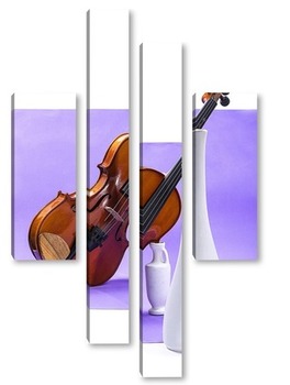 Модульная картина Натюрморт со скрипкой и белыми вазами на фиолетовом фоне