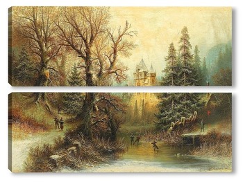 Модульная картина Романтический зимний пейзаж с фигурными коньками у замка